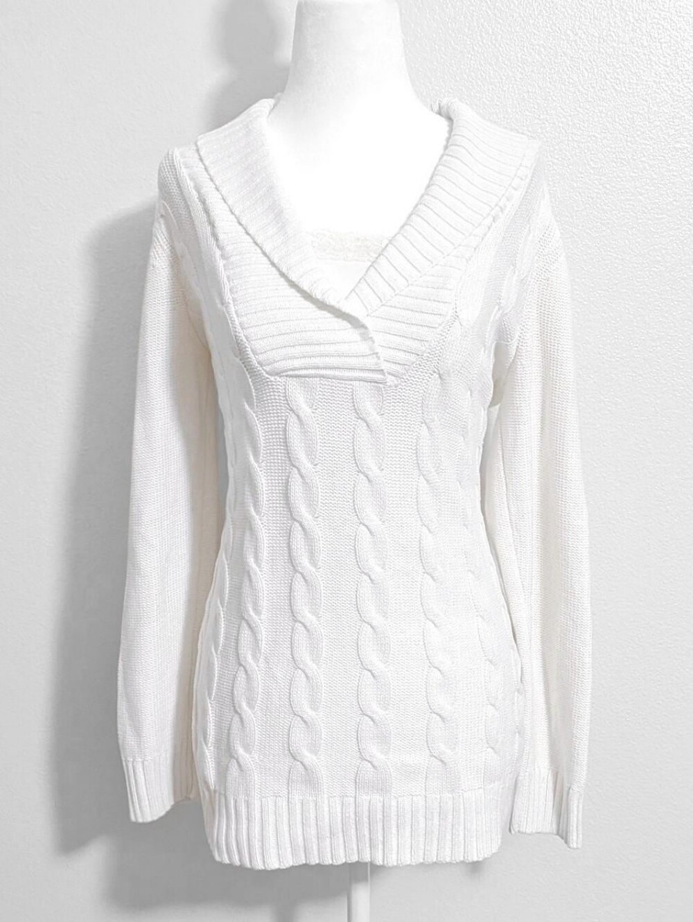 2000s Style & Co White Cable Knit V-Neck Foldover Sweater | Size M